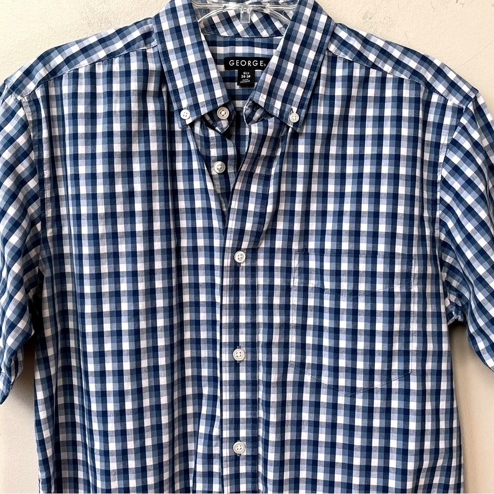 George Mens Short Sleeve Button Down Shirt Blue White Gingham Check Small 34-36 - Picture 3 of 6